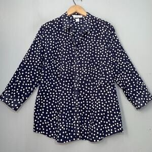Coldwater Creek Button Up Shirt Womens Size Large No Iron Navy Polka Dot Preppy